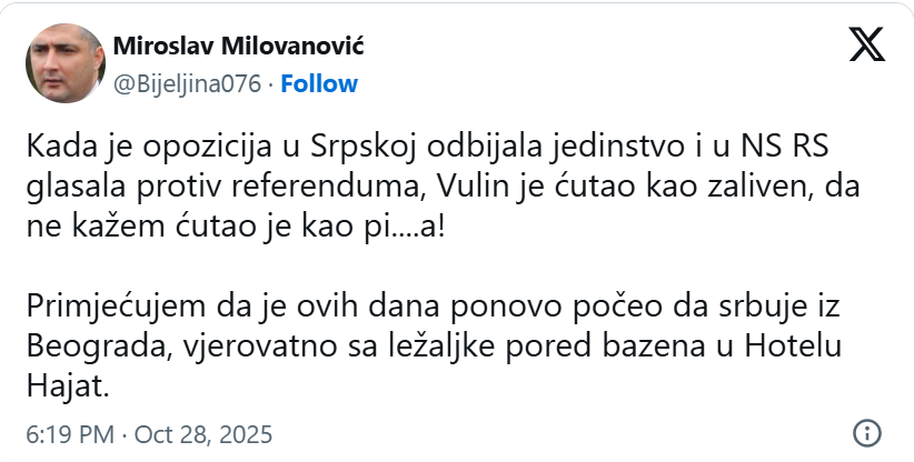 „ŠUMOVI“ između Beograda i Banjaluke: Da li je Dodik OKRENUO LEĐA Vučiću (foto) 3 misko vulin tvit